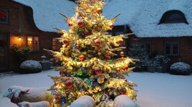 Geschmückter Tannenbaum mit Beleuchtung im Schnee